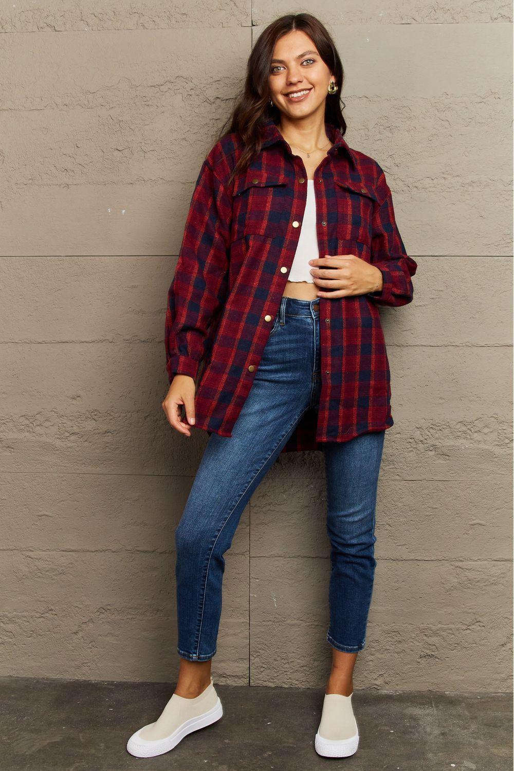 Trendy Warmth Plaid Shacket With Pockets - MXSTUDIO.COM