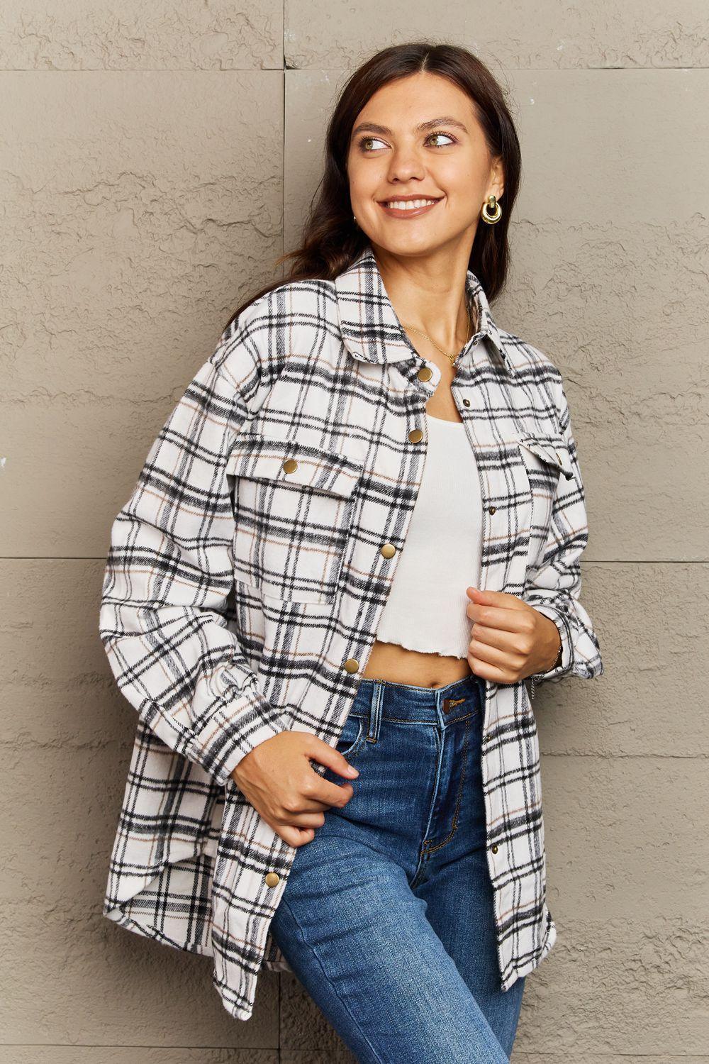 Trendy Warmth Plaid Shacket With Pockets - MXSTUDIO.COM