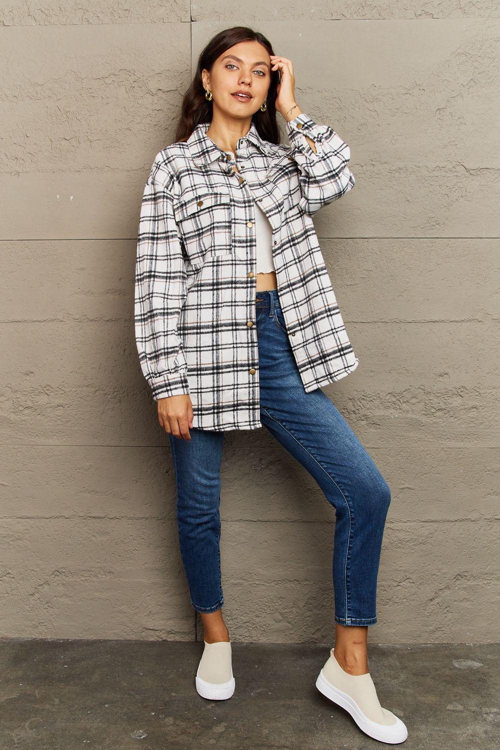 Trendy Warmth Plaid Shacket With Pockets - MXSTUDIO.COM