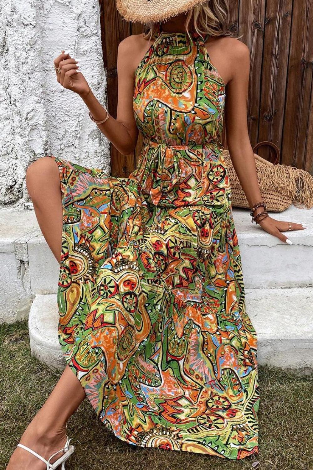 a woman in a colorful dress and straw hat