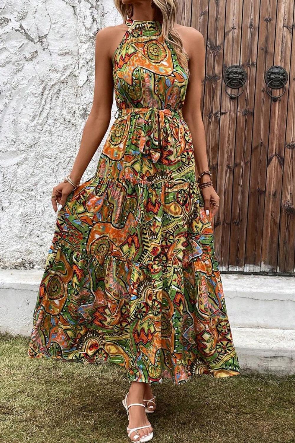 a woman wearing a colorful dress standing in front of a wooden door