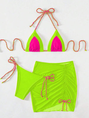 a neon green bikini top and matching bikini bottom