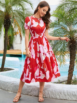 Tropical Babe A-Line Short Sleeve Red Midi Dress - MXSTUDIO.COM