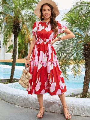 Tropical Babe A-Line Short Sleeve Red Midi Dress - MXSTUDIO.COM