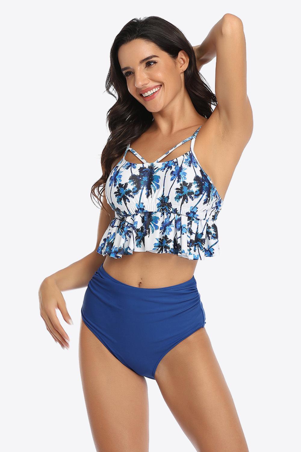 Tropical Print Ruffled Two Piece Swimsuit - MXSTUDIO.COM