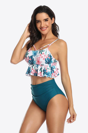 Tropical Print Ruffled Two Piece Swimsuit - MXSTUDIO.COM