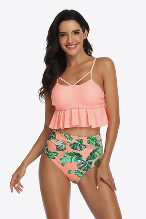 Tropical Print Ruffled Two Piece Swimsuit - MXSTUDIO.COM