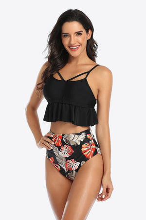 Tropical Print Ruffled Two Piece Swimsuit - MXSTUDIO.COM