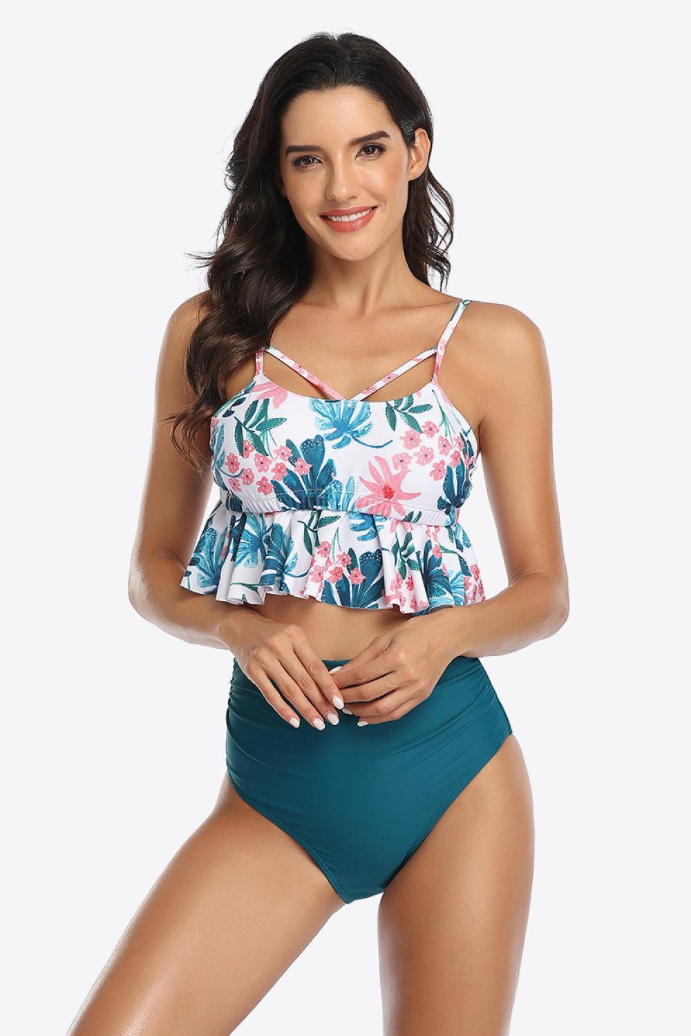 Tropical Print Ruffled Two Piece Swimsuit - MXSTUDIO.COM