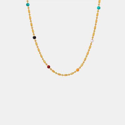 a yellow beaded necklace with multicolored beads