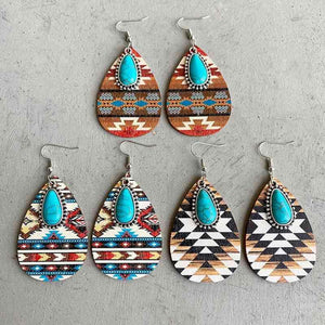 Turquoise Element Teardrop Wood Dangle Earrings-MXSTUDIO.COM