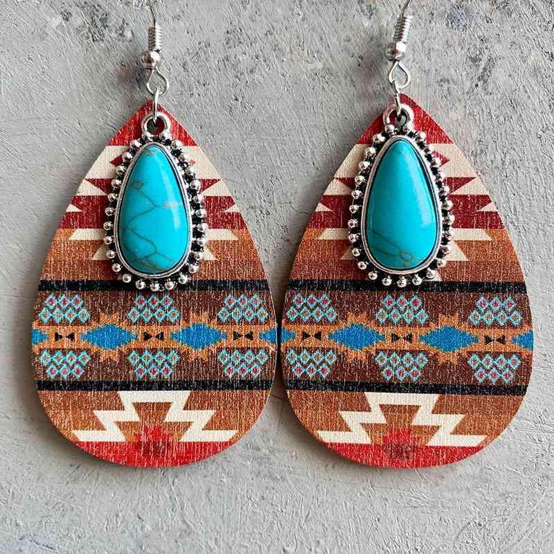 Turquoise Element Teardrop Wood Dangle Earrings-MXSTUDIO.COM