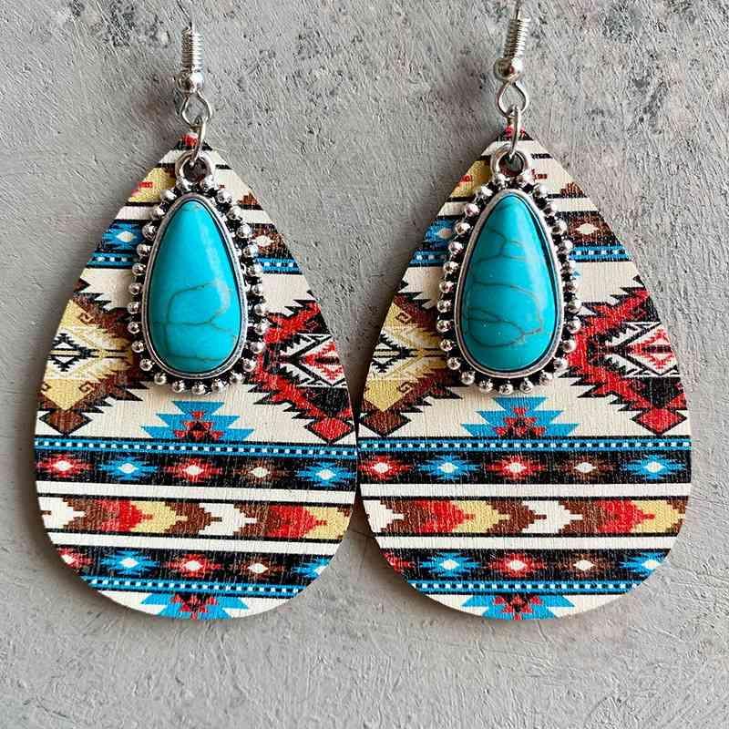 Turquoise Element Teardrop Wood Dangle Earrings-MXSTUDIO.COM