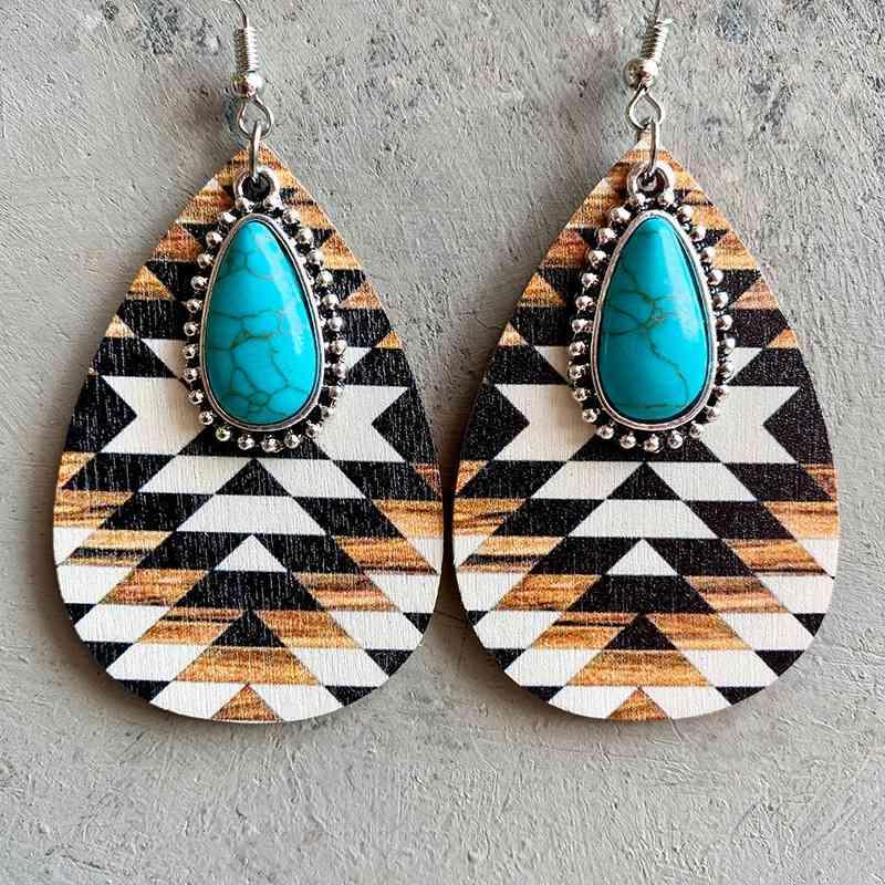 Turquoise Element Teardrop Wood Dangle Earrings-MXSTUDIO.COM