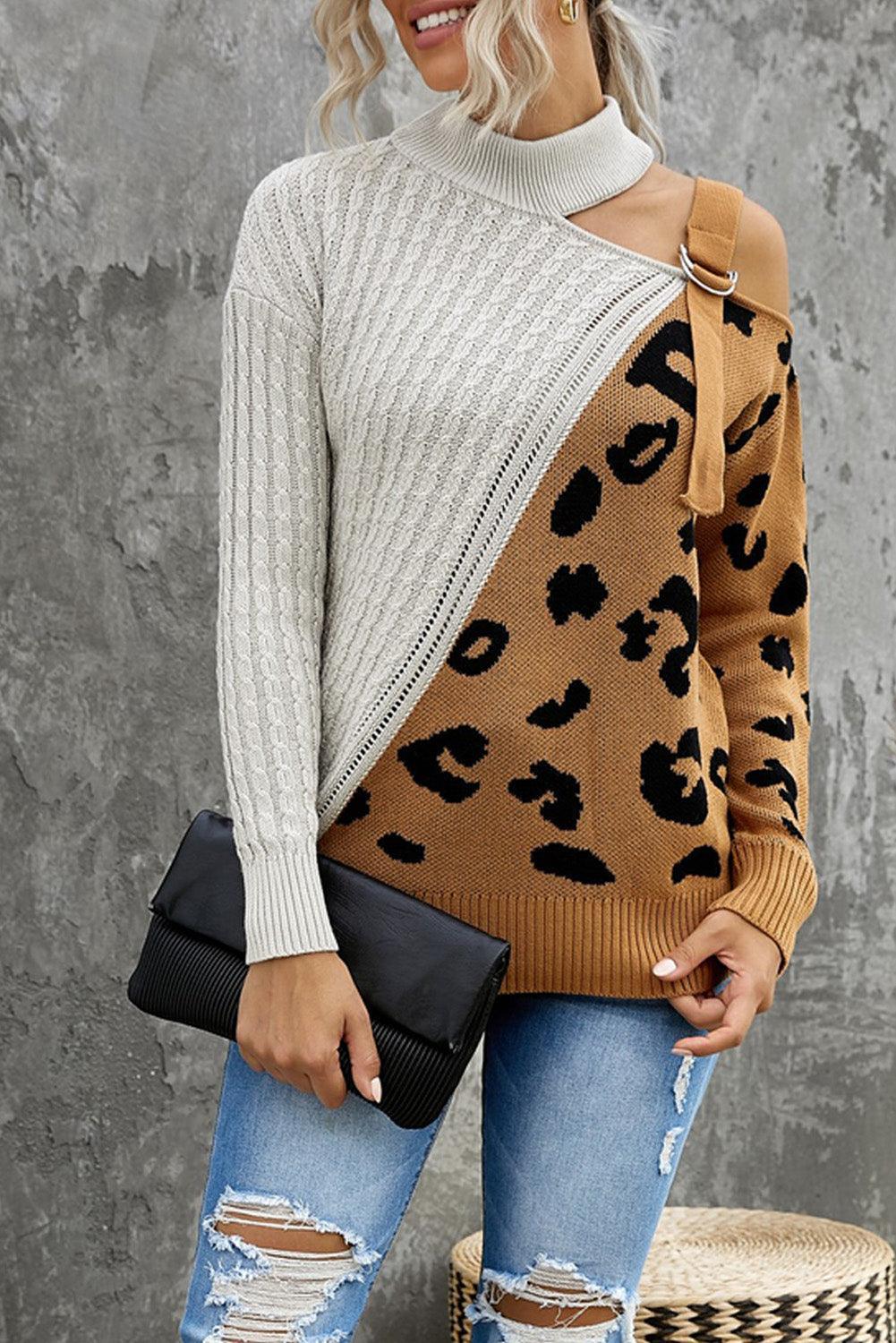 Turtleneck Ribbed Leopard Color Block Sweater - MXSTUDIO.COM