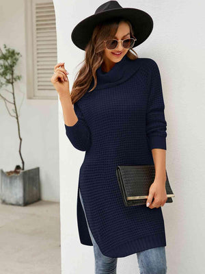 Turtleneck Slit Waffle Knit Sweater Dress - MXSTUDIO.COM