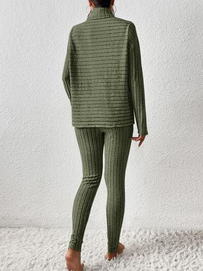 a woman in a green sweater and leggings