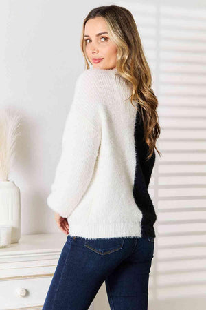 Two-Tone Button-Front V Neck Cardigan-MXSTUDIO.COM