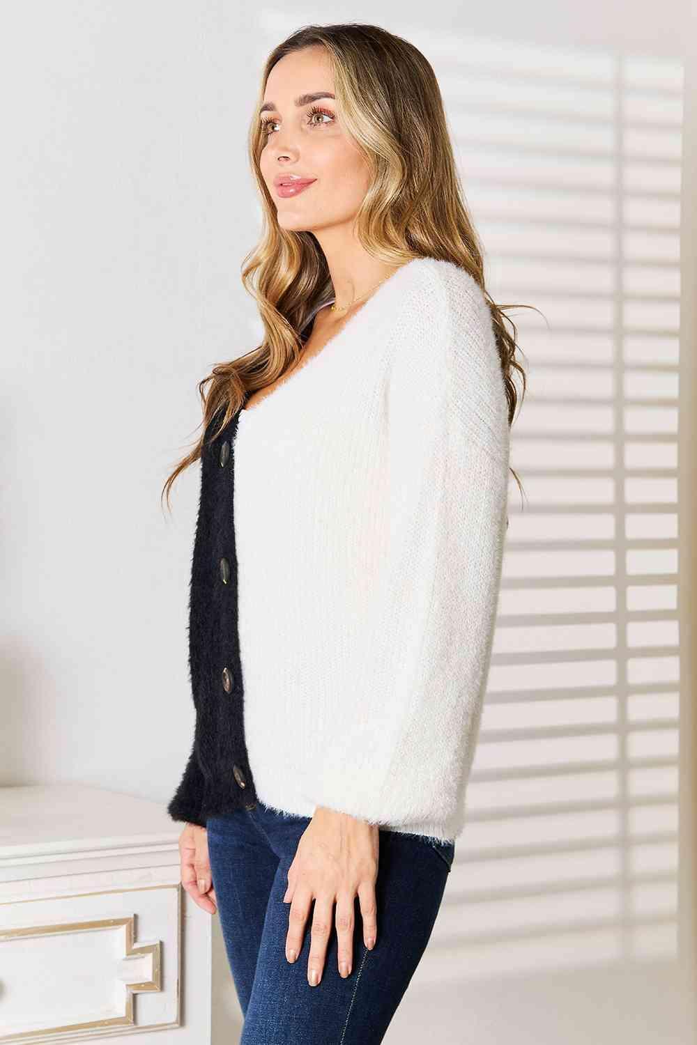 Two-Tone Button-Front V Neck Cardigan-MXSTUDIO.COM