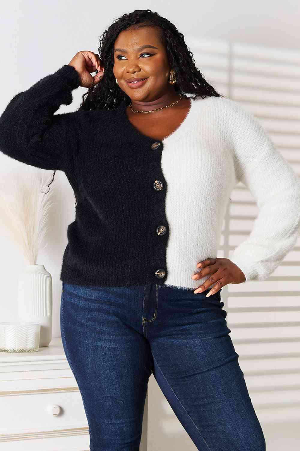 Two-Tone Button-Front V Neck Cardigan-MXSTUDIO.COM