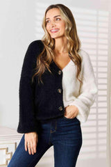 Two-Tone Button-Front V Neck Cardigan-MXSTUDIO.COM