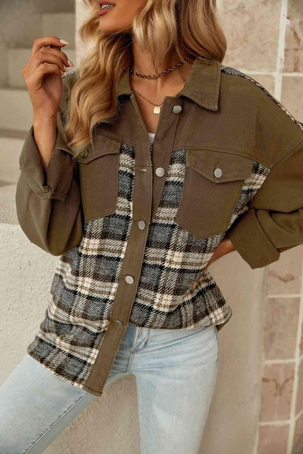 Two-Tone Collared Plaid Denim Jacket - MXSTUDIO.COM