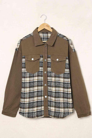 Two-Tone Collared Plaid Denim Jacket - MXSTUDIO.COM