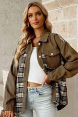 Two-Tone Collared Plaid Denim Jacket - MXSTUDIO.COM