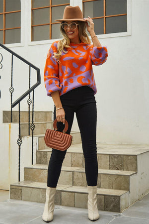 Two-Tone Leopard Round Neck Dropped Shoulder Sweater - MXSTUDIO.COM