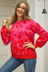 Two-Tone Leopard Round Neck Dropped Shoulder Sweater - MXSTUDIO.COM