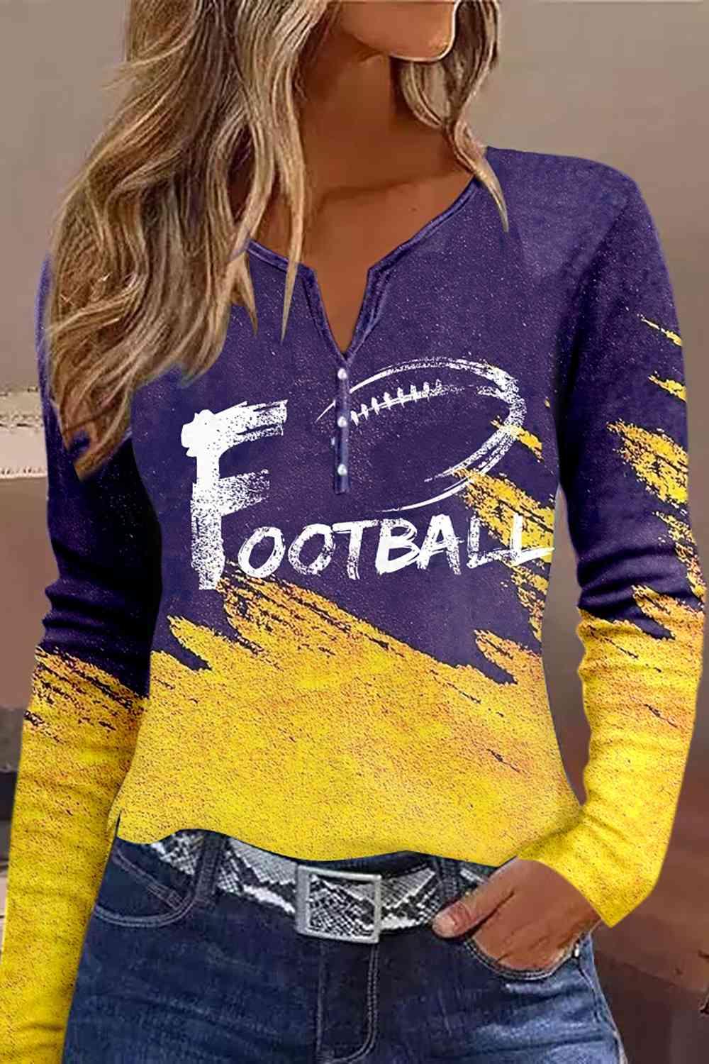 a woman wearing a purple and yellow football shirt