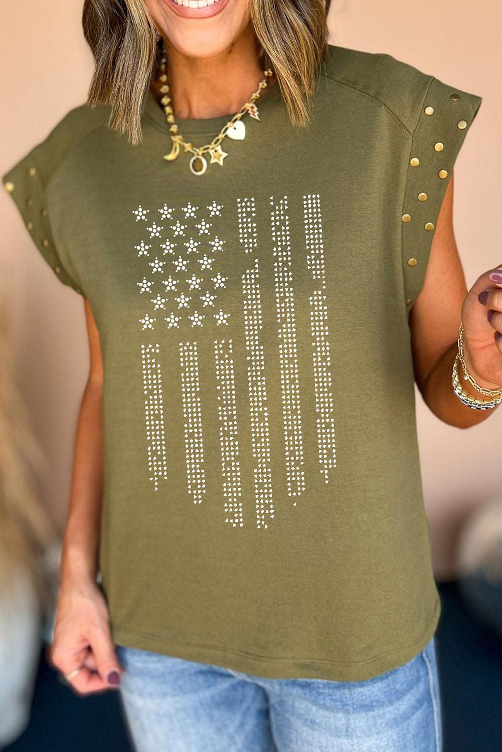 a woman wearing a green shirt with an american flag on it