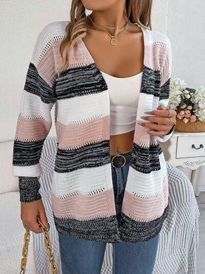 Ultra Versatile Open Front Striped Knit Cardigan-MXSTUDIO.COM