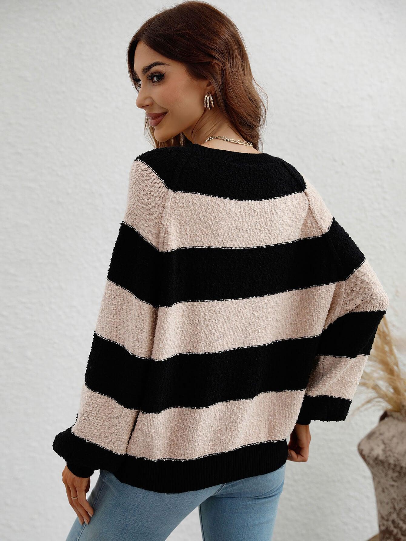 Unbelievable Raglan Sleeve Ribbed Trim Striped Knit Sweater - MXSTUDIO.COM