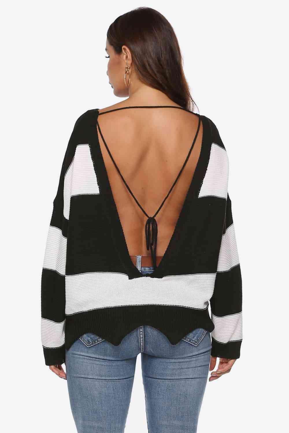 Unbothered By The Cold Striped Backless Sweater - MXSTUDIO.COM