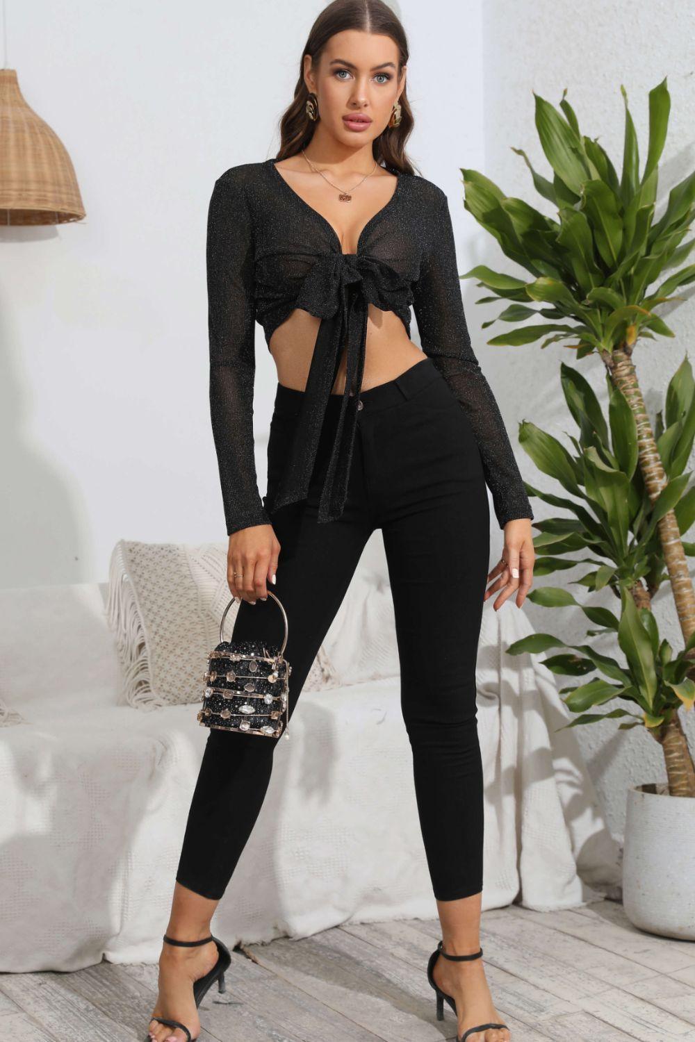 Unbothered Front Tie Long Sleeve Crop Top - MXSTUDIO.COM