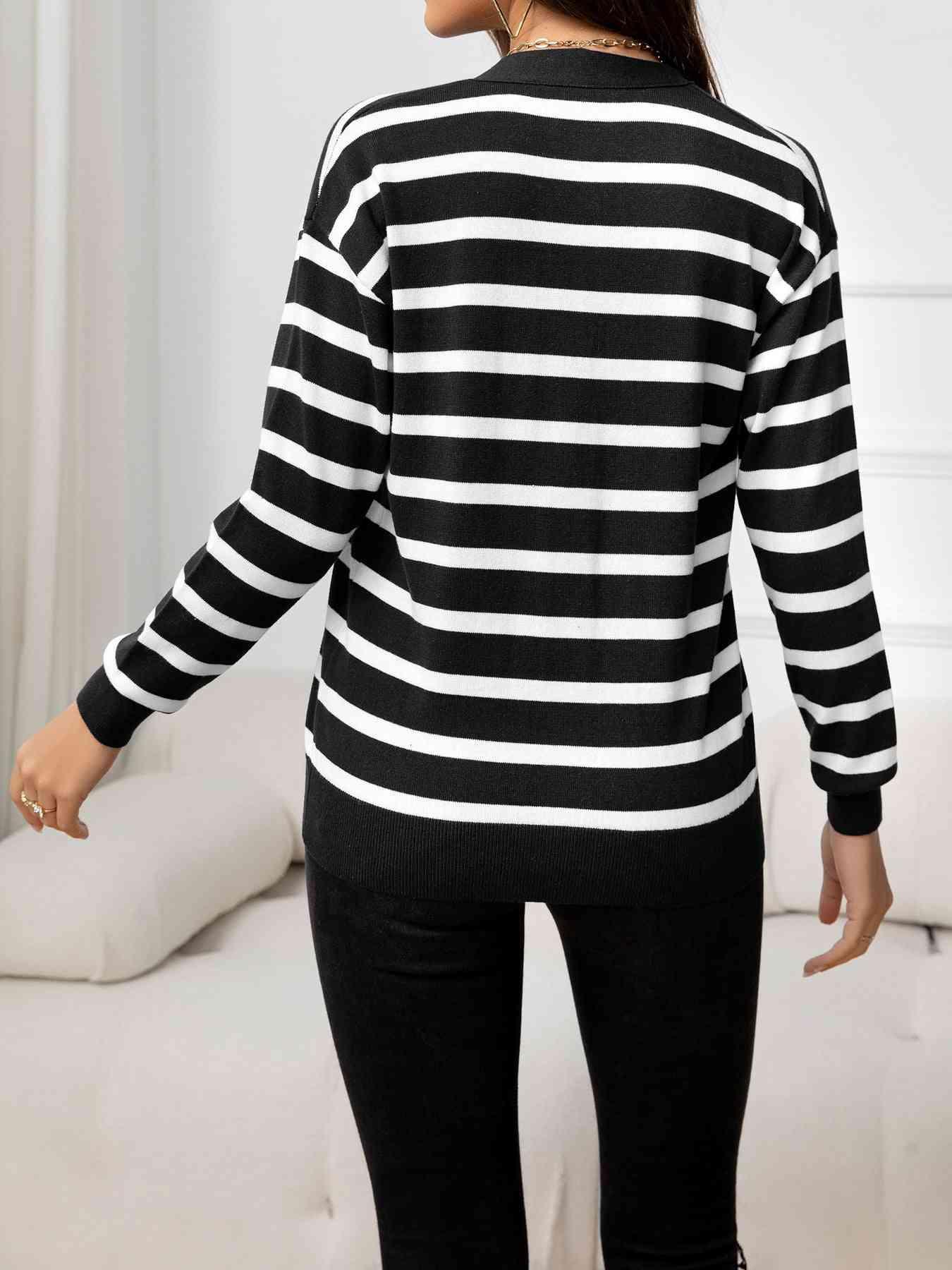 Uncomplicated Buttoned Striped Knit Cardigan-MXSTUDIO.COM