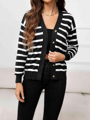 Uncomplicated Buttoned Striped Knit Cardigan-MXSTUDIO.COM