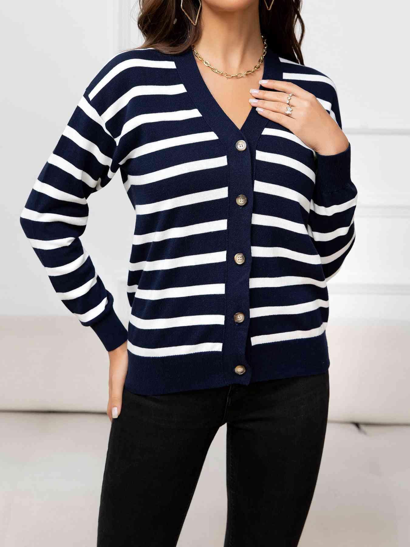 Uncomplicated Buttoned Striped Knit Cardigan-MXSTUDIO.COM