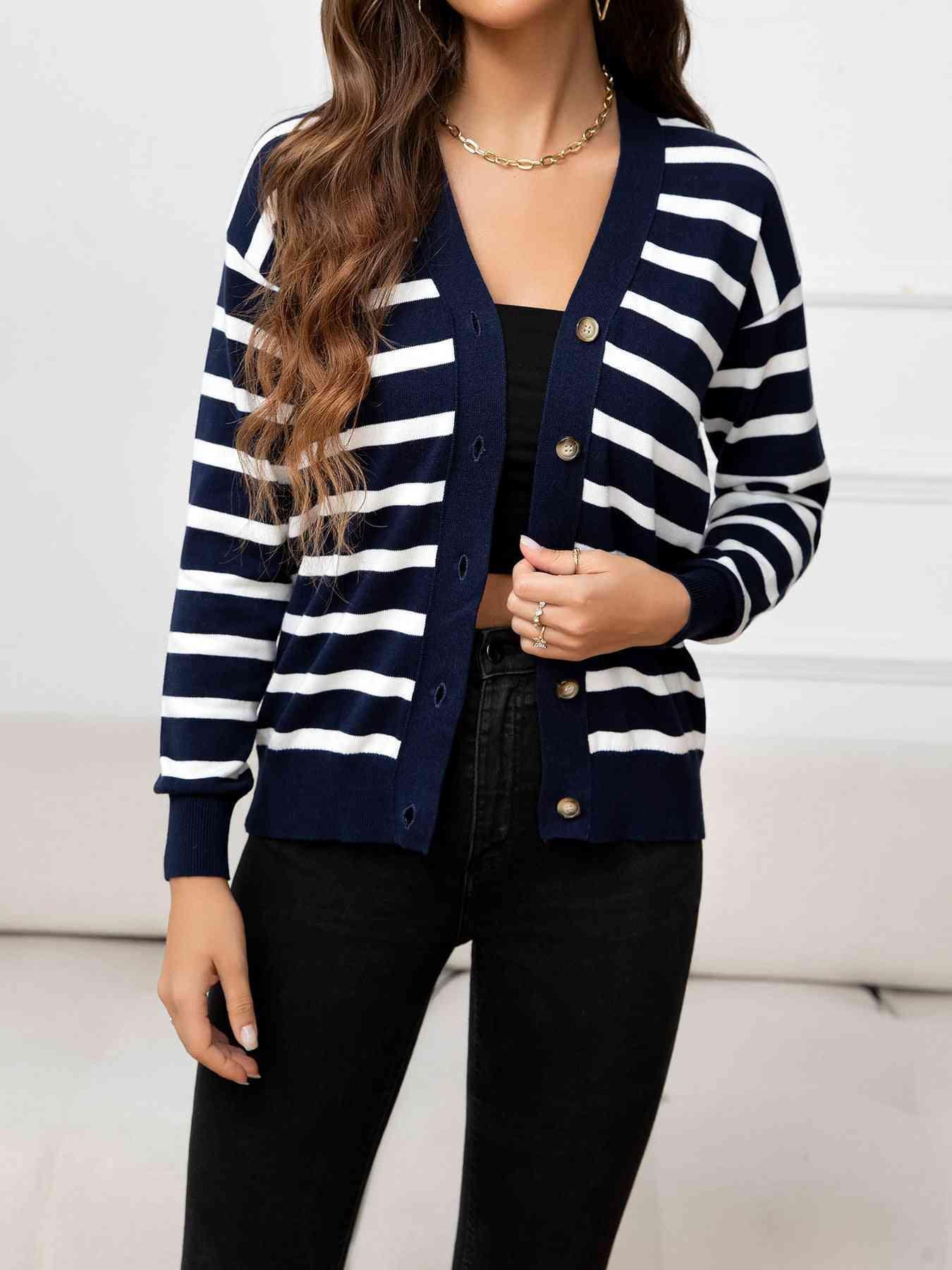 Uncomplicated Buttoned Striped Knit Cardigan-MXSTUDIO.COM