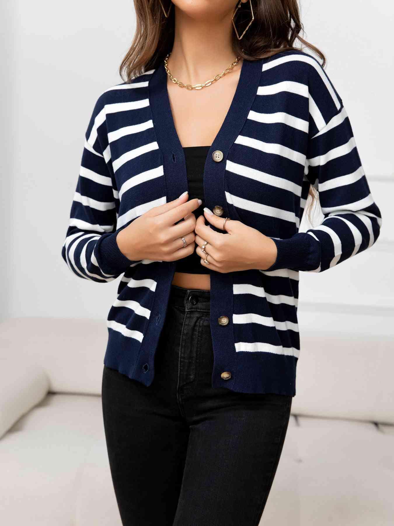 Uncomplicated Buttoned Striped Knit Cardigan-MXSTUDIO.COM