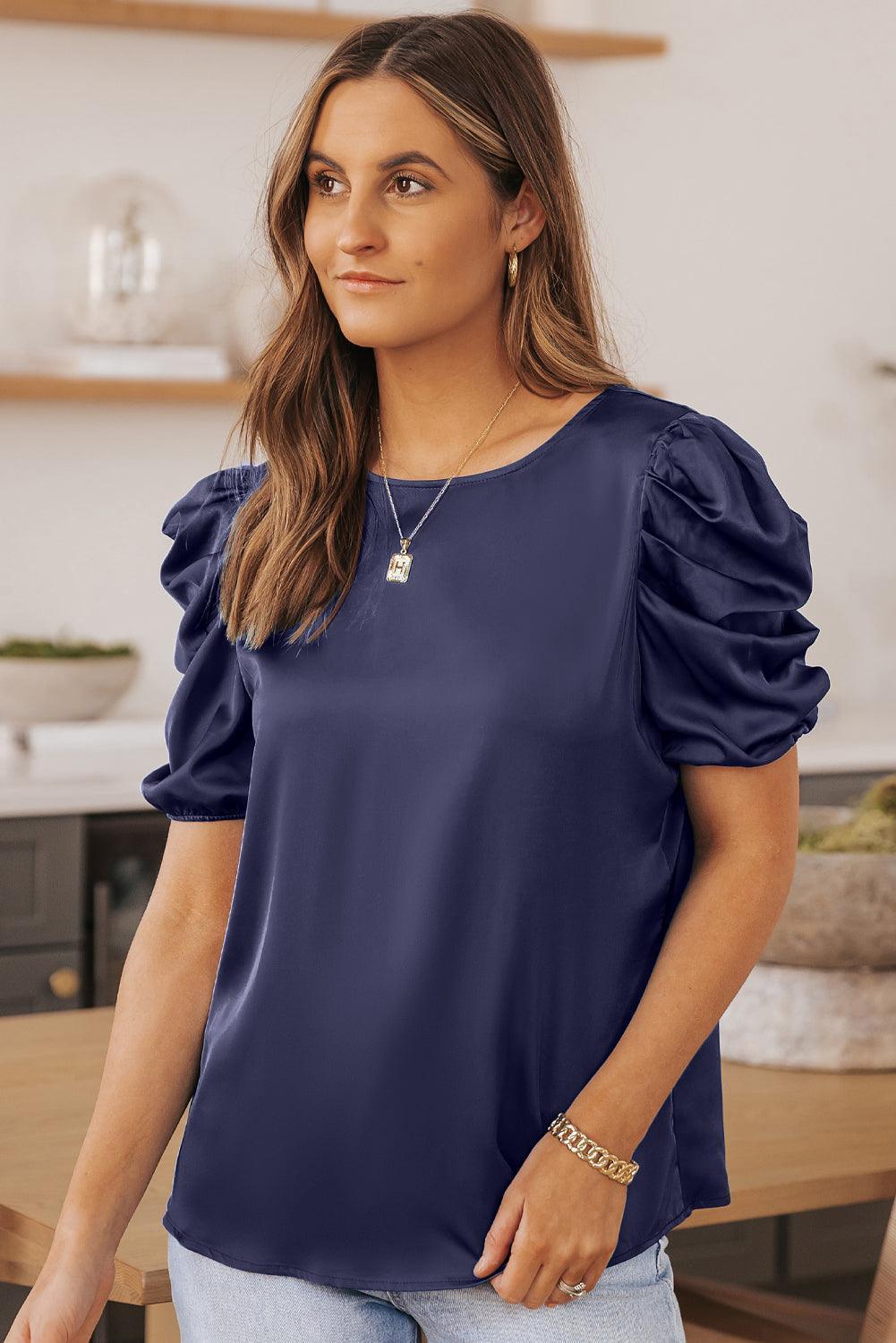 Uncomplicated Crewneck Puff Sleeve Blouse - MXSTUDIO.COM