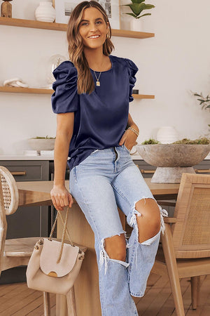 Uncomplicated Crewneck Puff Sleeve Blouse - MXSTUDIO.COM