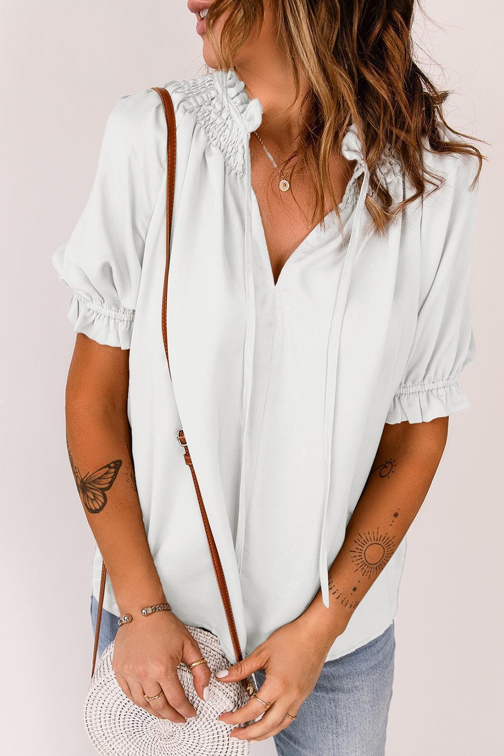 Uncomplicated Short Sleeve Tie Neck Blouse - MXSTUDIO.COM