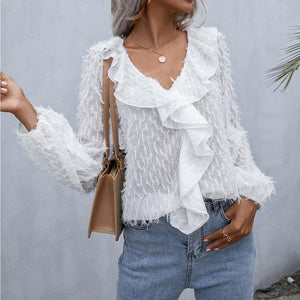 Understated Elegance Ruffle White Balloon Sleeve Blouse - MXSTUDIO.COM