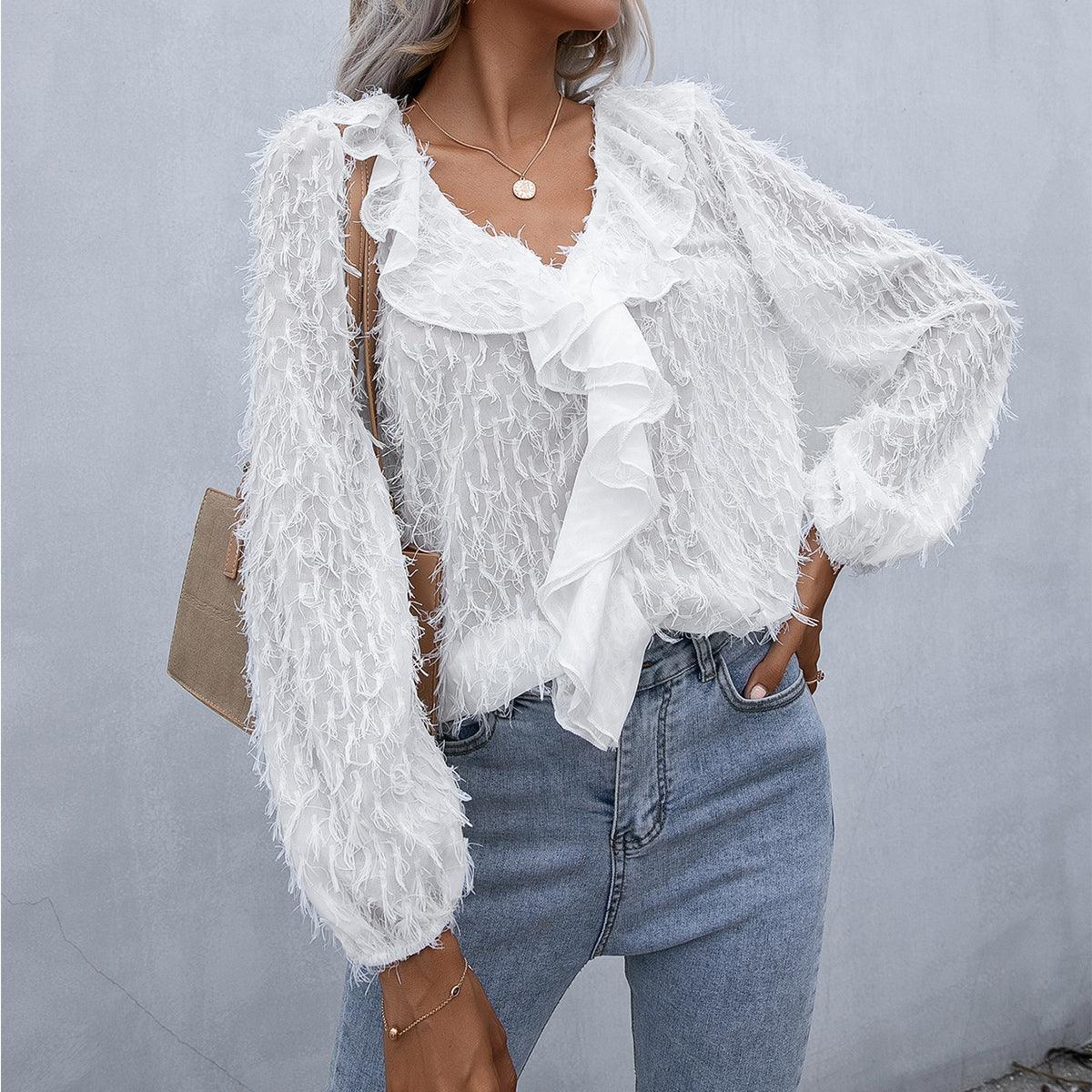 Understated Elegance Ruffle White Balloon Sleeve Blouse - MXSTUDIO.COM