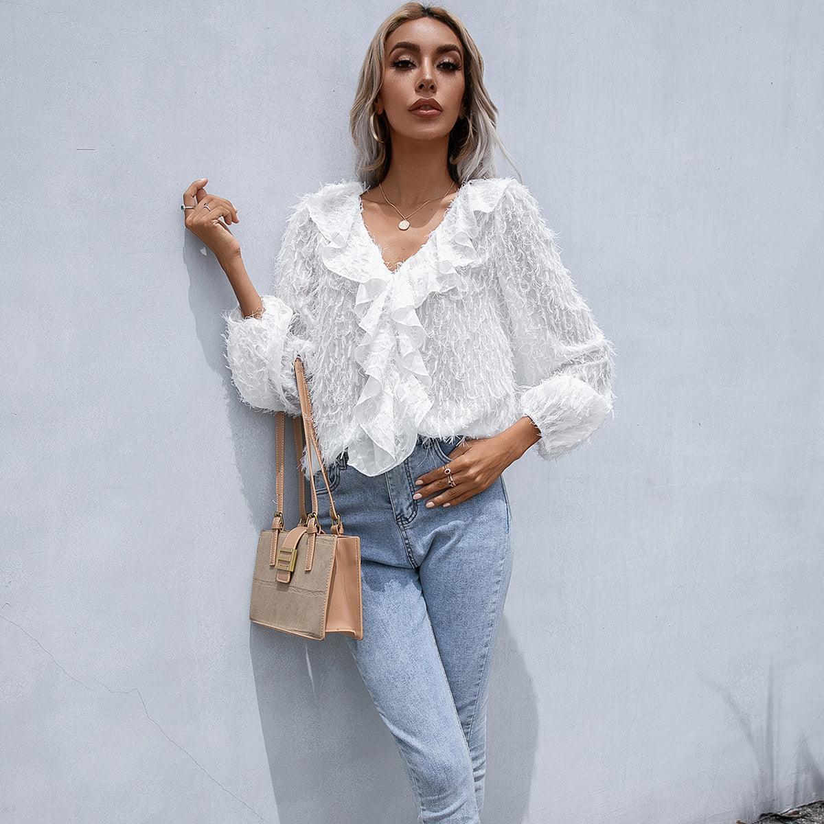 Understated Elegance Ruffle White Balloon Sleeve Blouse - MXSTUDIO.COM