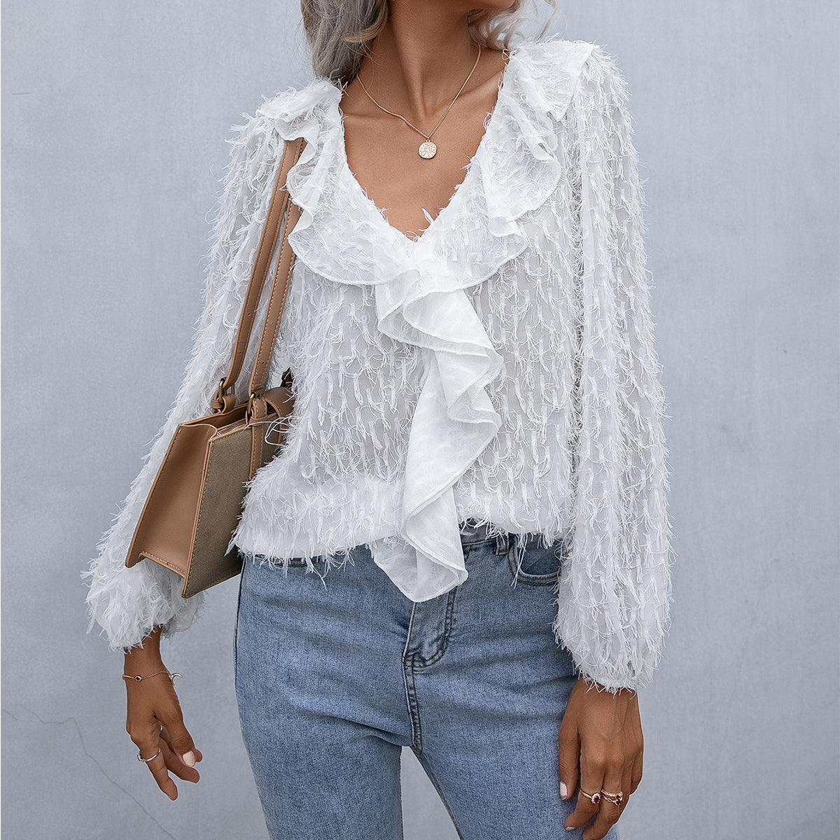 Understated Elegance Ruffle White Balloon Sleeve Blouse - MXSTUDIO.COM