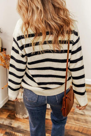 Understated Warmth Collared Striped V Neck Sweater-MXSTUDIO.COM