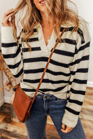 Understated Warmth Collared Striped V Neck Sweater-MXSTUDIO.COM